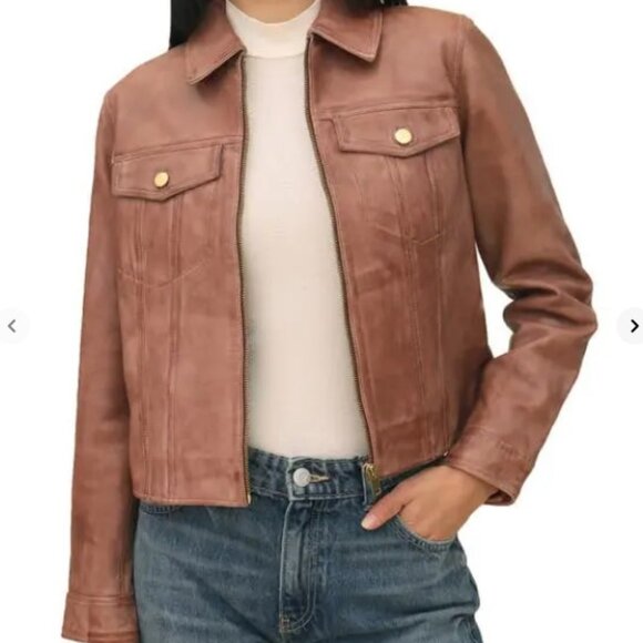Bagatelle Collection Leather Trucker Lined Brown Jacket, Size Medium - Picture 3 of 7